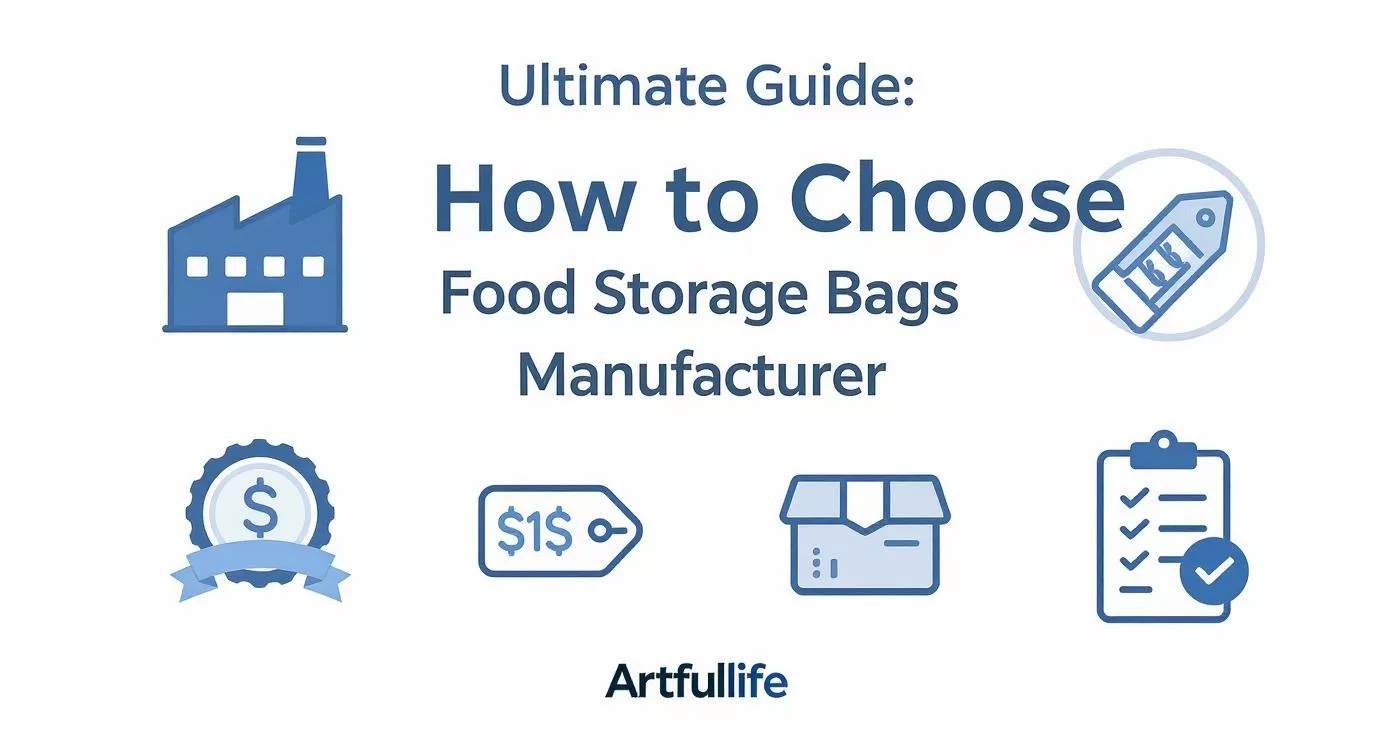 Ultimativ guide infografik til at vælge den bedste producent af madopbevaringsposer med nøgleudvælgelseskriterier og Artfullife branding